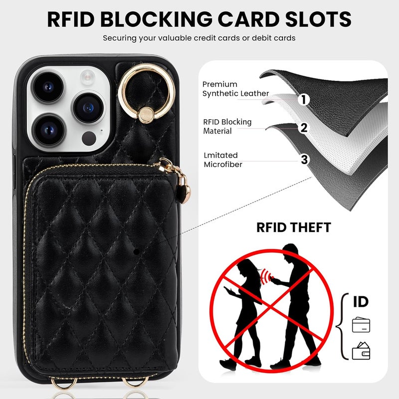 Keallce Case for iPhone 14 Pro Max 6.7'' Wallet Case, Crossbody Zipper Purse Handbag Wristlet for Women, RFID Blocking Card Holders, 360° Ring Kickstand Flip Leather Cover for iPhone 14 Pro Max, Black - Image 4